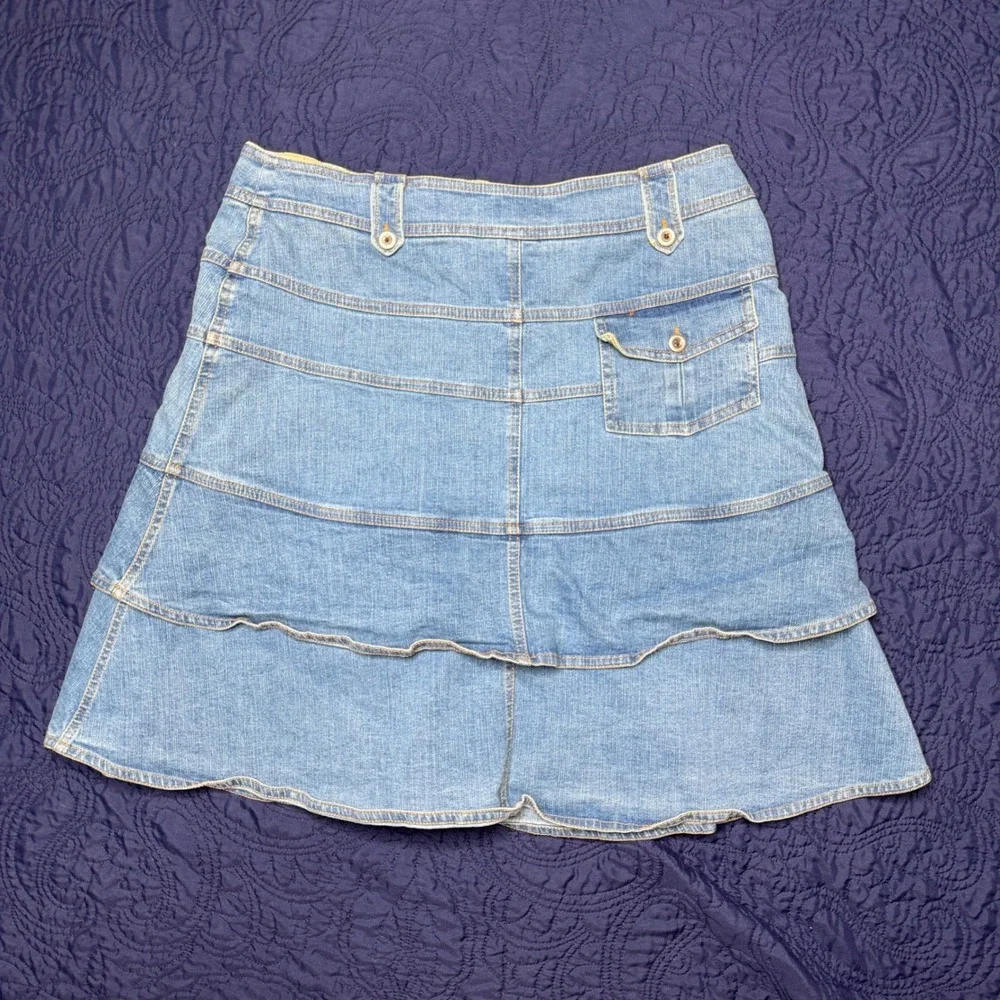 Oscar de la Renta Denim Tiered Ruffle Skirt Light Wash Blue Size 10 Boho Western